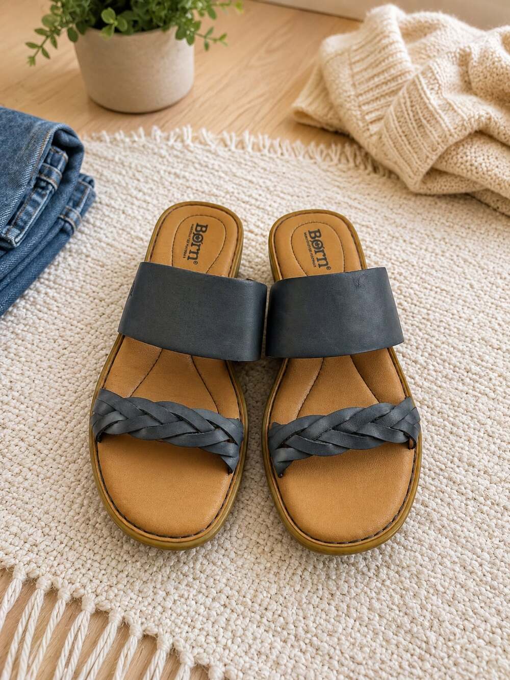 Born Kanelle Leather Slide Sandals Gray Braided Comfort Sandals Women’s 8M